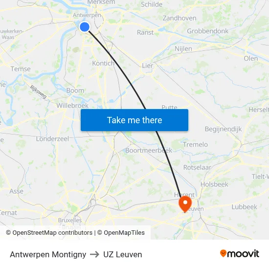 Antwerpen Montigny to UZ Leuven map