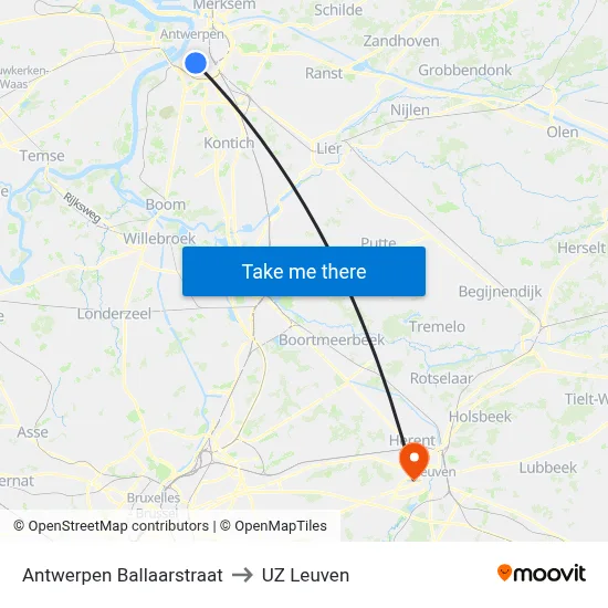 Antwerpen Ballaarstraat to UZ Leuven map