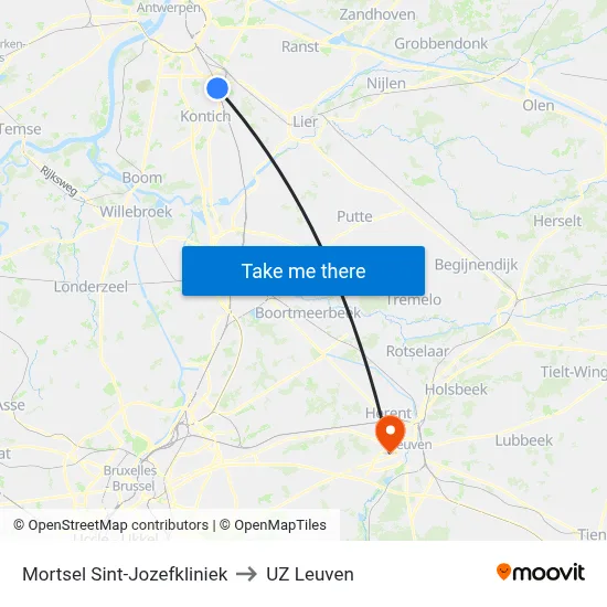 Mortsel Sint-Jozefkliniek to UZ Leuven map