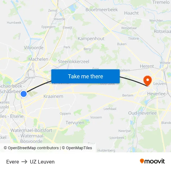 Evere to UZ Leuven map