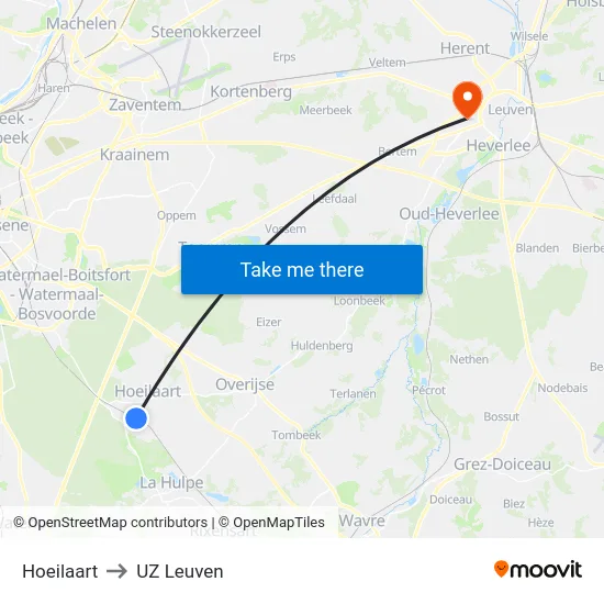 Hoeilaart to UZ Leuven map