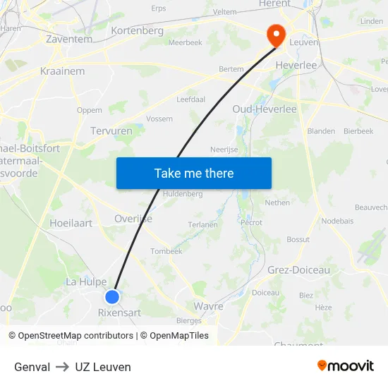 Genval to UZ Leuven map