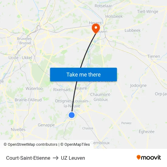 Court-Saint-Etienne to UZ Leuven map