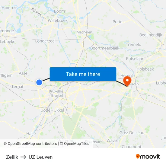 Zellik to UZ Leuven map