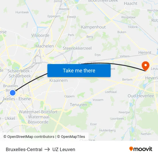 Bruxelles-Central to UZ Leuven map