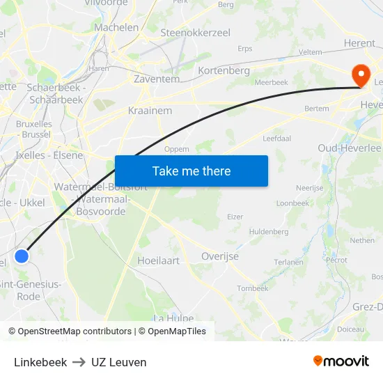 Linkebeek to UZ Leuven map