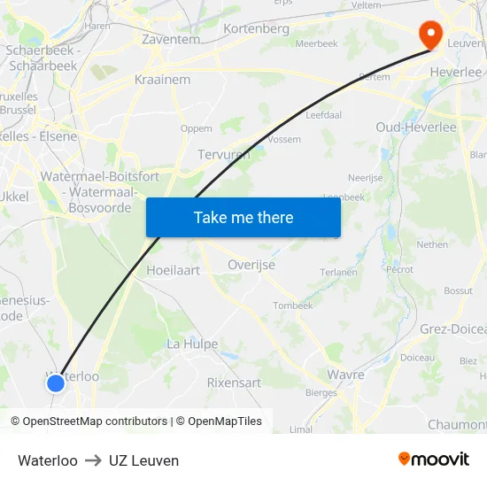 Waterloo to UZ Leuven map