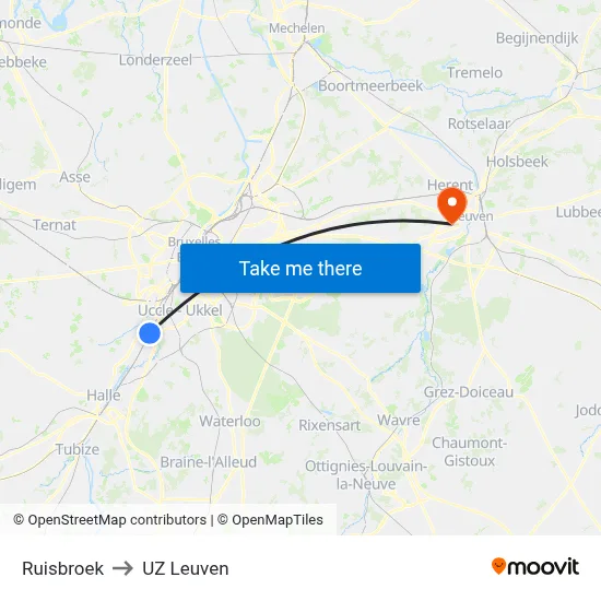 Ruisbroek to UZ Leuven map
