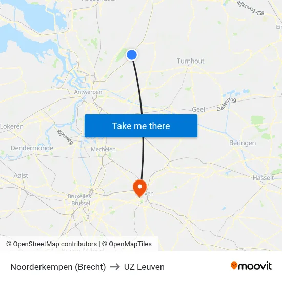 Noorderkempen (Brecht) to UZ Leuven map