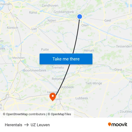 Herentals to UZ Leuven map