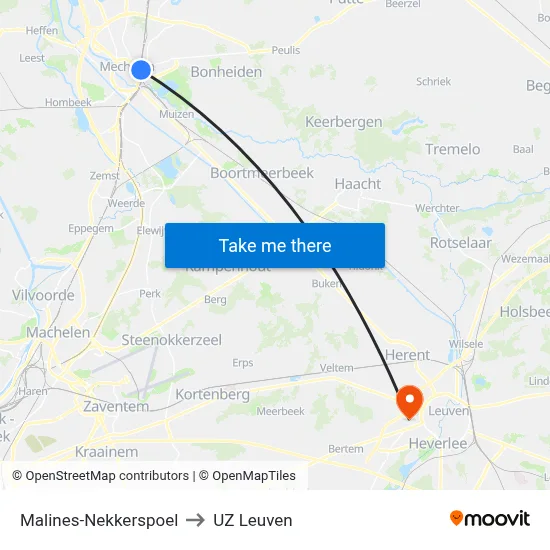Malines-Nekkerspoel to UZ Leuven map