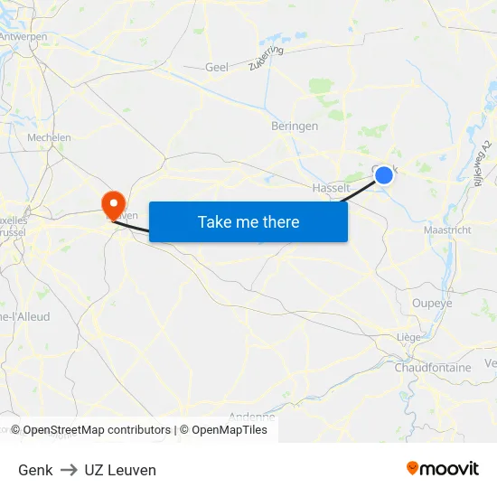 Genk to UZ Leuven map