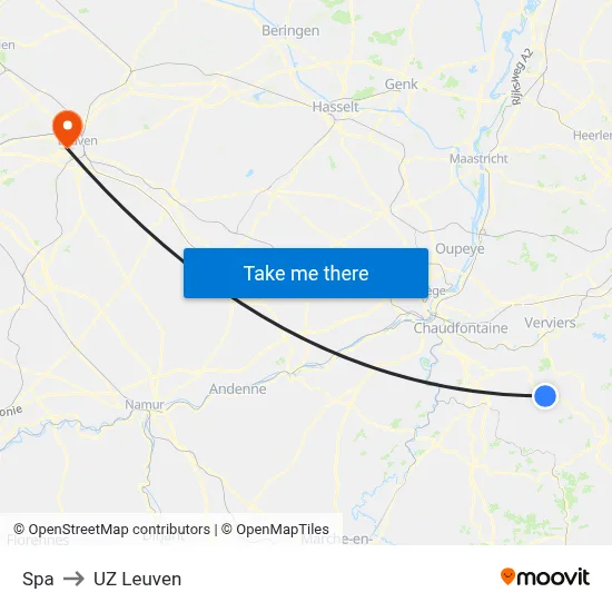 Spa to UZ Leuven map