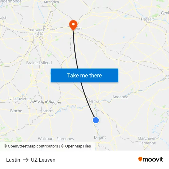 Lustin to UZ Leuven map