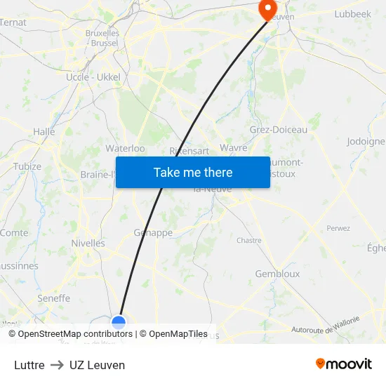 Luttre to UZ Leuven map