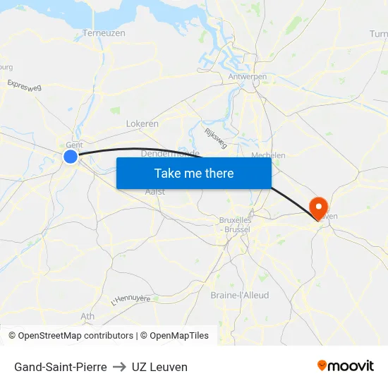 Gand-Saint-Pierre to UZ Leuven map