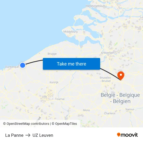 La Panne to UZ Leuven map