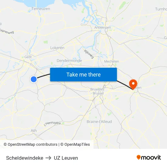Scheldewindeke to UZ Leuven map