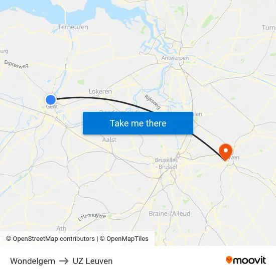 Wondelgem to UZ Leuven map