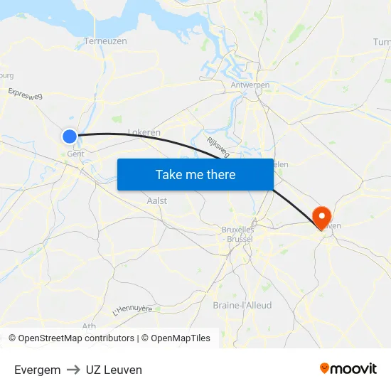 Evergem to UZ Leuven map