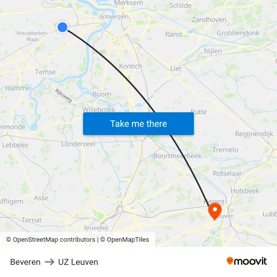 Beveren to UZ Leuven map