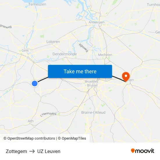 Zottegem to UZ Leuven map