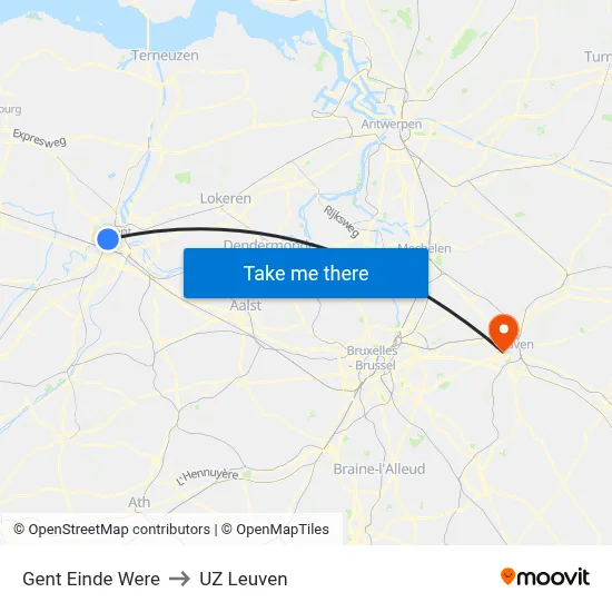 Gent Einde Were to UZ Leuven map