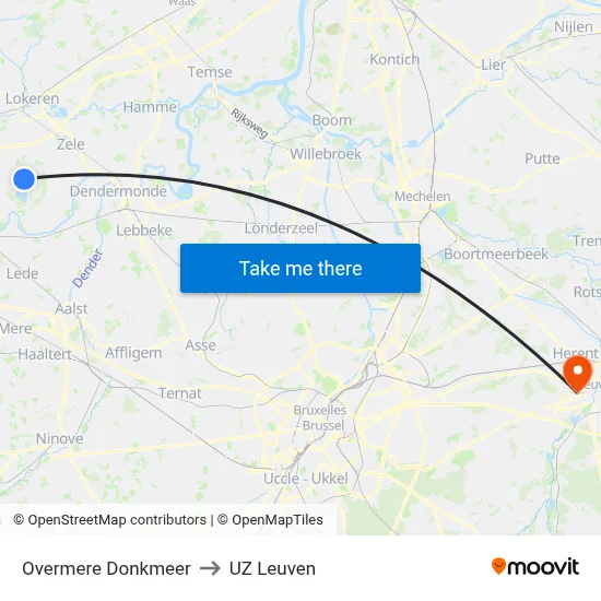 Overmere Donkmeer to UZ Leuven map