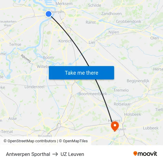 Antwerpen Sporthal to UZ Leuven map