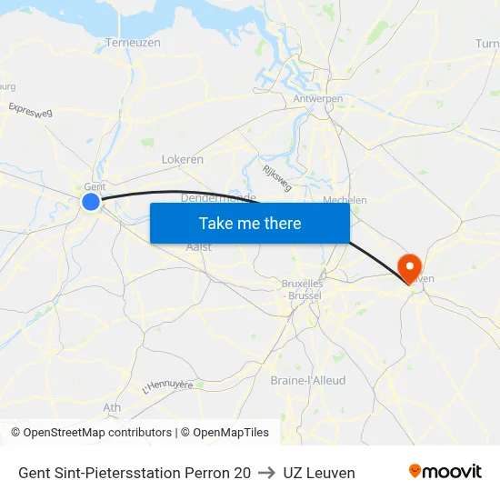 Gent Sint-Pietersstation Perron 20 to UZ Leuven map