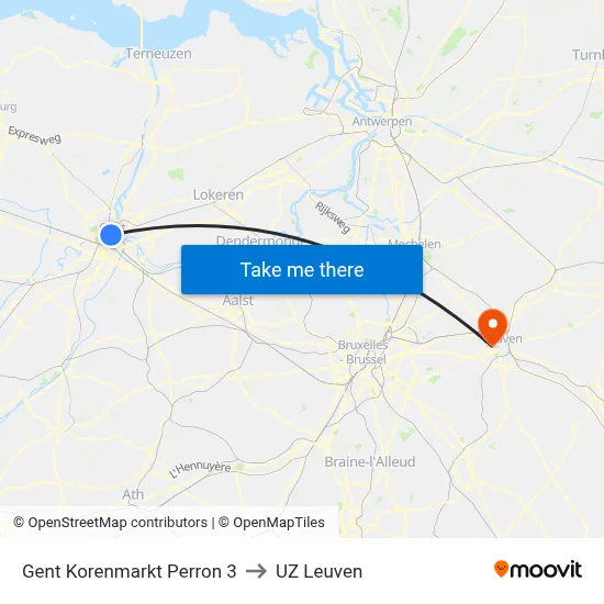 Gent Korenmarkt Perron 3 to UZ Leuven map