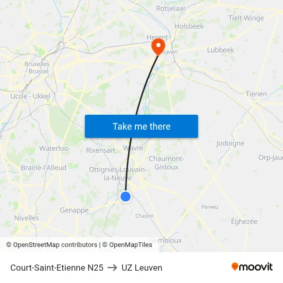Court-Saint-Etienne N25 to UZ Leuven map
