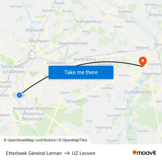 Etterbeek Général Leman to UZ Leuven map