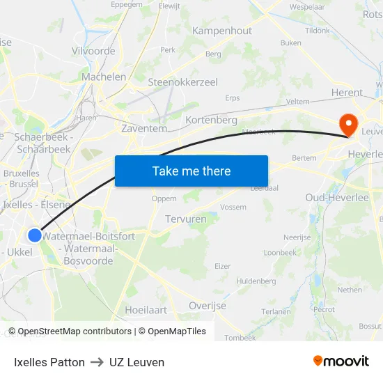 Ixelles Patton to UZ Leuven map