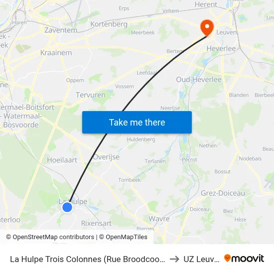 La Hulpe Trois Colonnes (Rue Broodcoorens) to UZ Leuven map