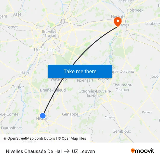 Nivelles Hal Road to UZ Leuven map