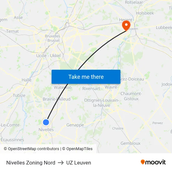 Nivelles Zoning Nord to UZ Leuven map