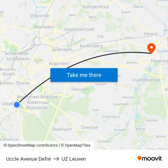 Uccle Avenue Defré to UZ Leuven map