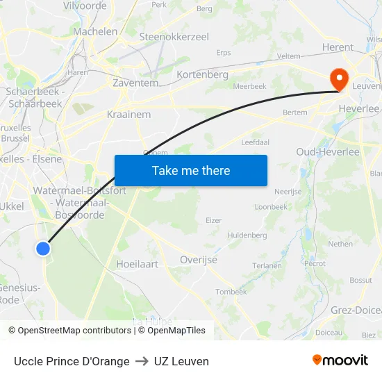 Uccle Prince D'Orange to UZ Leuven map