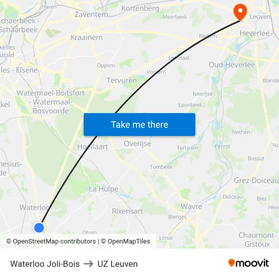 Waterloo Joli-Bois to UZ Leuven map