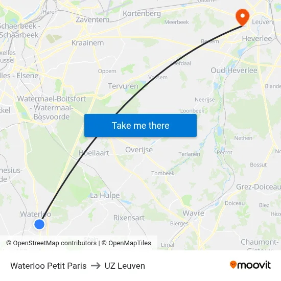 Waterloo Petit Paris to UZ Leuven map