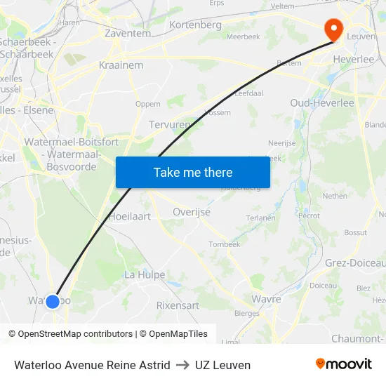 Waterloo Avenue Reine Astrid to UZ Leuven map