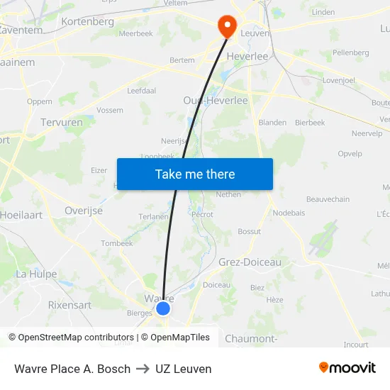 Wavre Place A. Bosch to UZ Leuven map