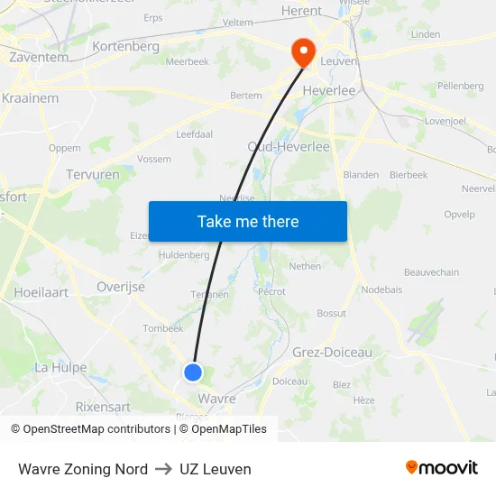Wavre Zoning Nord to UZ Leuven map