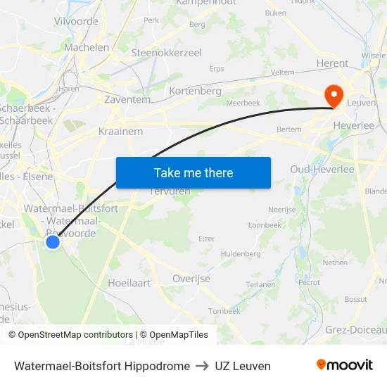 Watermael-Boitsfort Hippodrome to UZ Leuven map