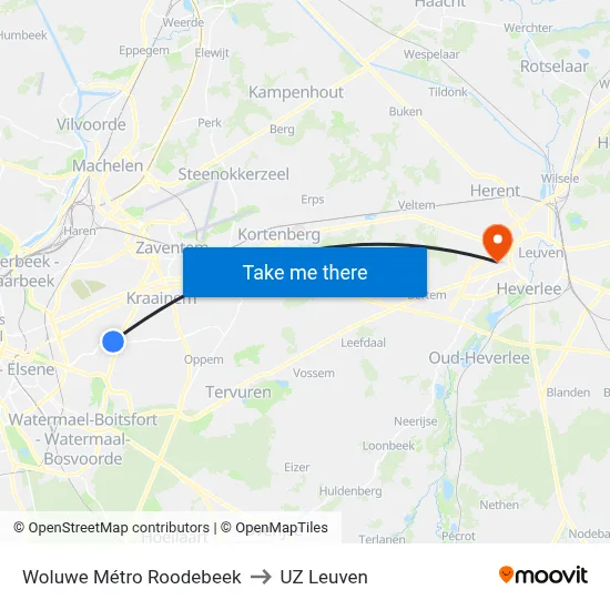 Woluwe Métro Roodebeek to UZ Leuven map