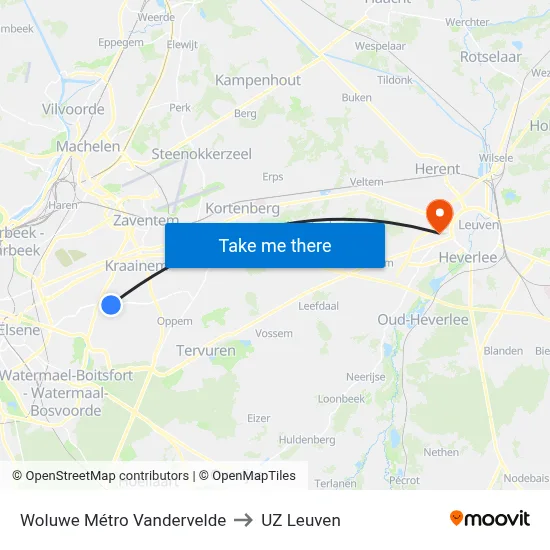 Woluwe Métro Vandervelde to UZ Leuven map