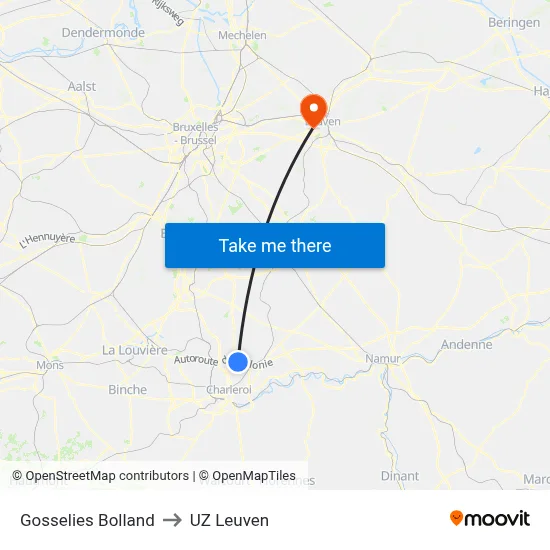 Gosselies Bolland to UZ Leuven map