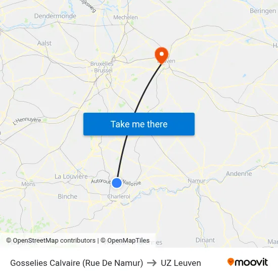 Gosselies Calvaire (Rue De Namur) to UZ Leuven map