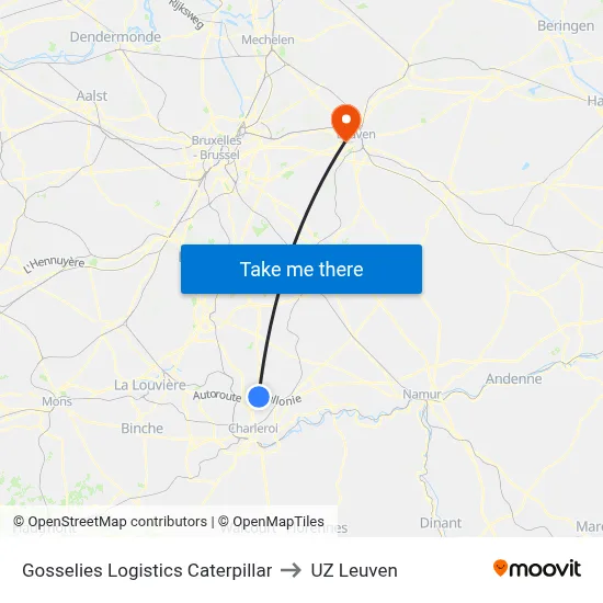 Gosselies Logistics Caterpillar to UZ Leuven map